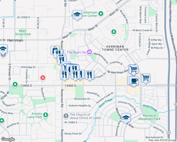 map of restaurants, bars, coffee shops, grocery stores, and more near 5412 Pemberton Lane in Herriman