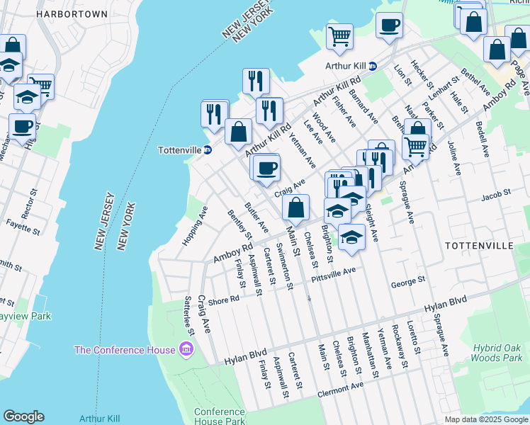 map of restaurants, bars, coffee shops, grocery stores, and more near 180 Main Street in Staten Island
