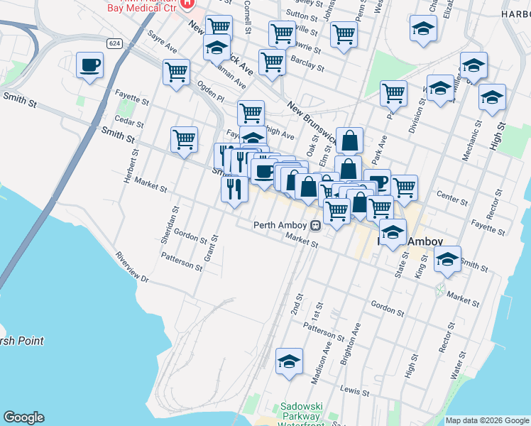 map of restaurants, bars, coffee shops, grocery stores, and more near 280 Watson Avenue in Perth Amboy