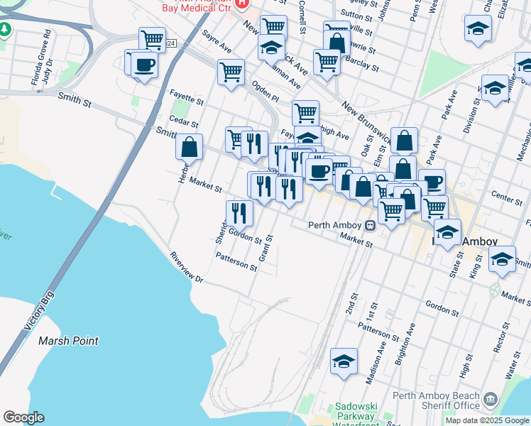 map of restaurants, bars, coffee shops, grocery stores, and more near 380 Market Street in Perth Amboy