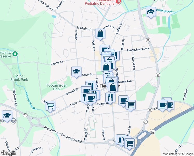 map of restaurants, bars, coffee shops, grocery stores, and more near 9 Court Street in Flemington
