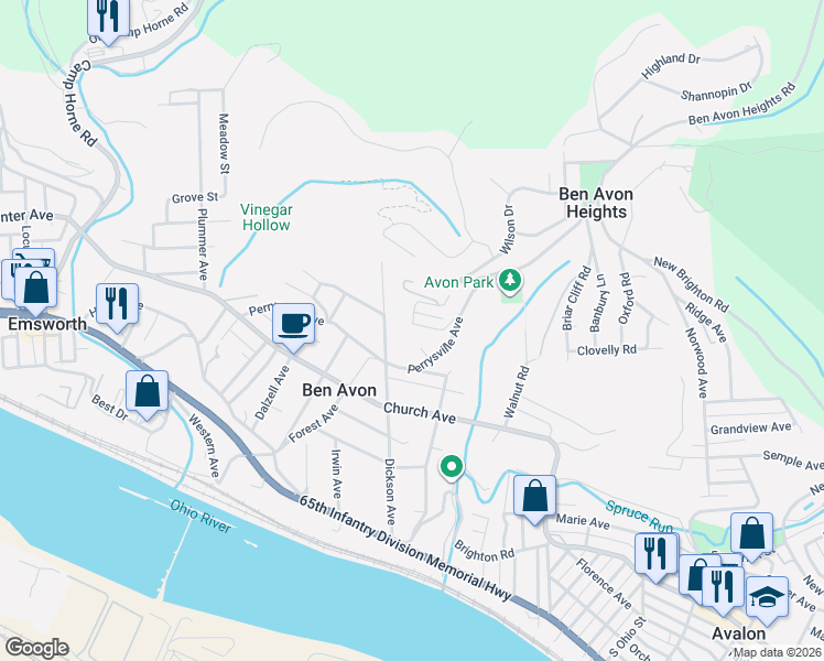 map of restaurants, bars, coffee shops, grocery stores, and more near 6917 Merton Road in Pittsburgh