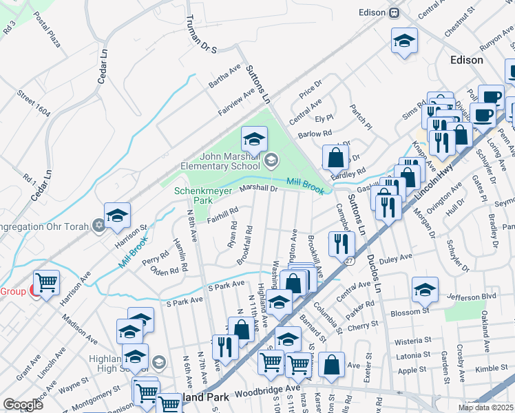 map of restaurants, bars, coffee shops, grocery stores, and more near 45 Brookfall Road in Edison