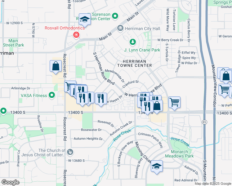 map of restaurants, bars, coffee shops, grocery stores, and more near Ashurst Lane in Herriman