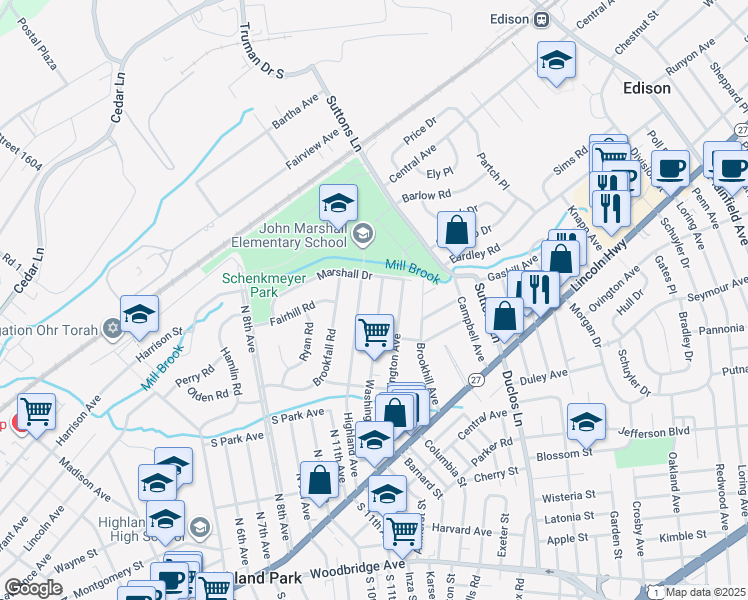 map of restaurants, bars, coffee shops, grocery stores, and more near 226 Washington Avenue in Edison
