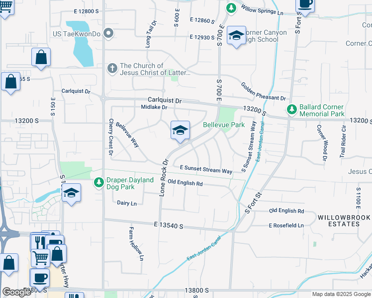 map of restaurants, bars, coffee shops, grocery stores, and more near 603 East Beaumont Way in Draper