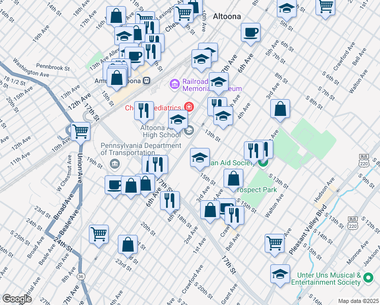 map of restaurants, bars, coffee shops, grocery stores, and more near 1415 6th Avenue in Altoona