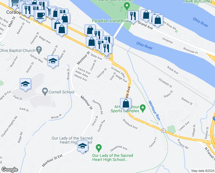 map of restaurants, bars, coffee shops, grocery stores, and more near 811 Vine Street in Coraopolis