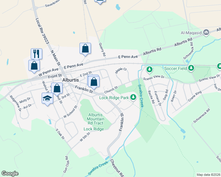 map of restaurants, bars, coffee shops, grocery stores, and more near 319 Lockridge Lane in Alburtis