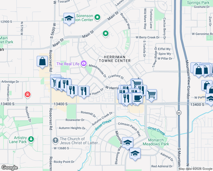 map of restaurants, bars, coffee shops, grocery stores, and more near 5218 West Shady Park Lane in Herriman