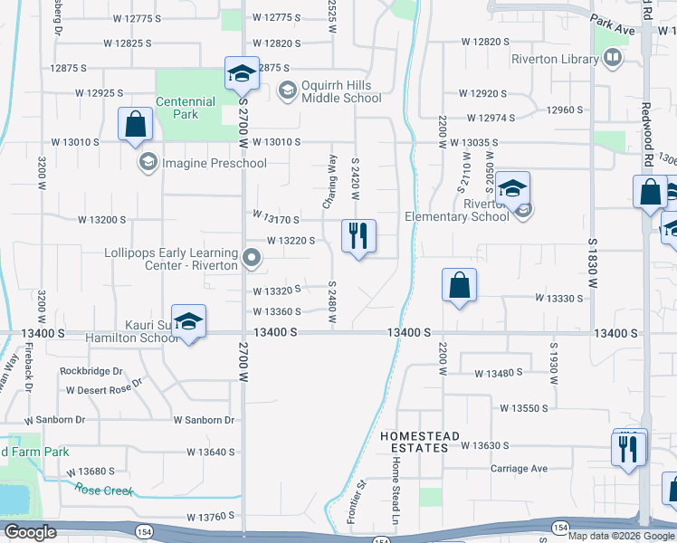map of restaurants, bars, coffee shops, grocery stores, and more near 13293 South 2480 West in Riverton