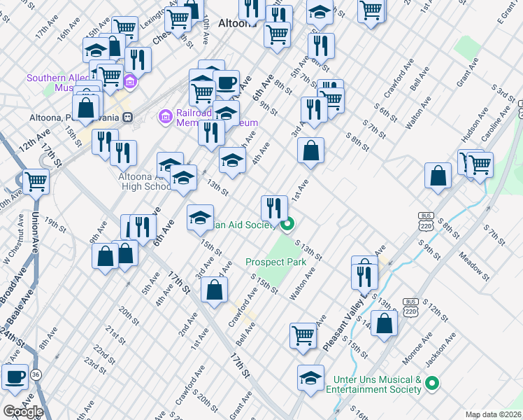 map of restaurants, bars, coffee shops, grocery stores, and more near 1200-06 2nd Avenue in Altoona