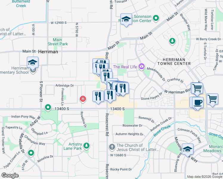 map of restaurants, bars, coffee shops, grocery stores, and more near 13292 South 5600 West in Herriman