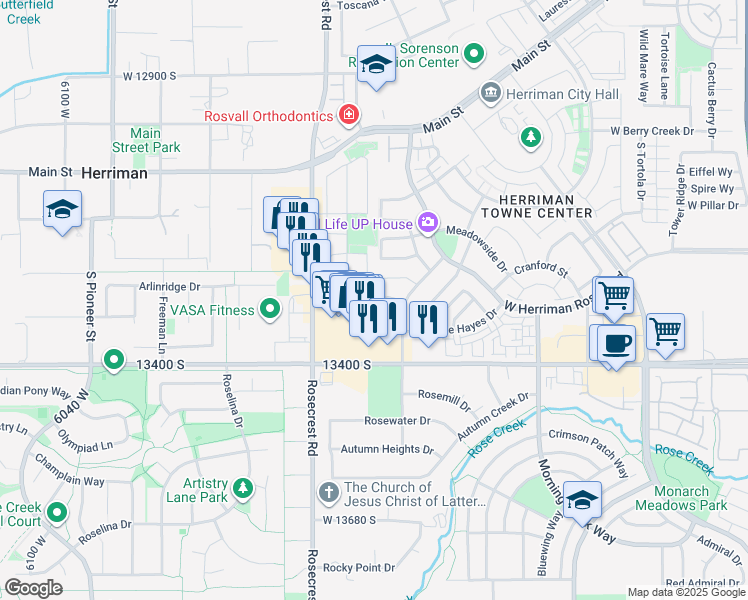 map of restaurants, bars, coffee shops, grocery stores, and more near 13341 Copper Park Drive in Herriman