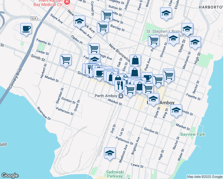 map of restaurants, bars, coffee shops, grocery stores, and more near 293 Smith Street in Perth Amboy