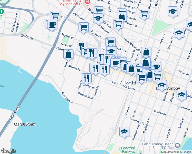 map of restaurants, bars, coffee shops, grocery stores, and more near 380 Market Street in Perth Amboy