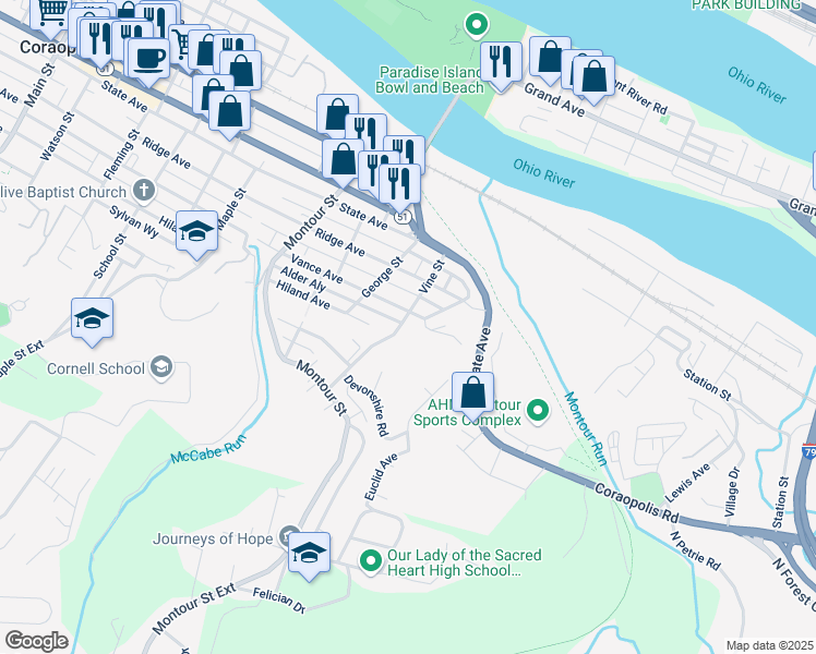 map of restaurants, bars, coffee shops, grocery stores, and more near 721 Vine Street in Coraopolis