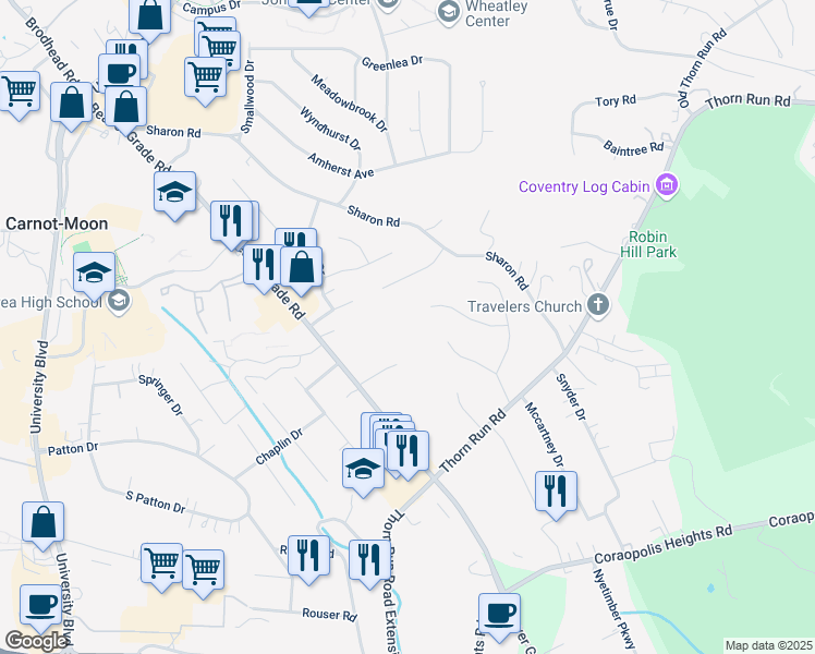 map of restaurants, bars, coffee shops, grocery stores, and more near 1029 Sandhurst Drive in Coraopolis