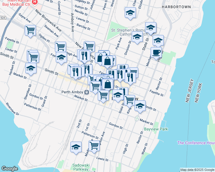 map of restaurants, bars, coffee shops, grocery stores, and more near 185 Jefferson Street in Perth Amboy