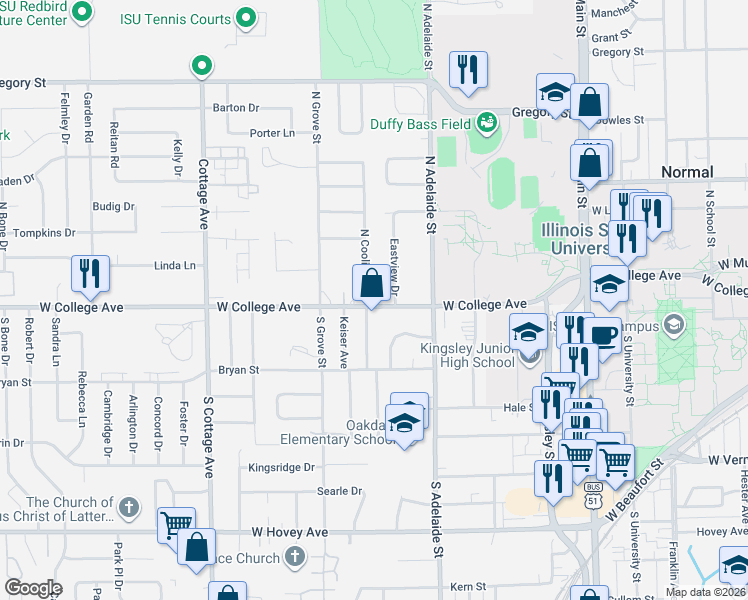 map of restaurants, bars, coffee shops, grocery stores, and more near 104 North Coolidge Street in Normal