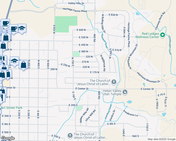 map of restaurants, bars, coffee shops, grocery stores, and more near 1007 East 170 North in Heber City