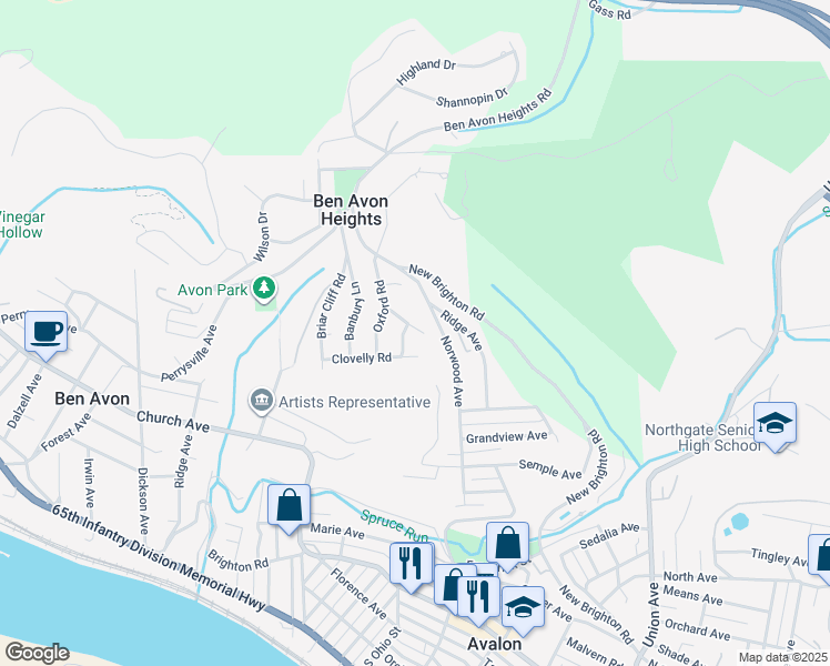 map of restaurants, bars, coffee shops, grocery stores, and more near 1005 Norwood Avenue in Pittsburgh