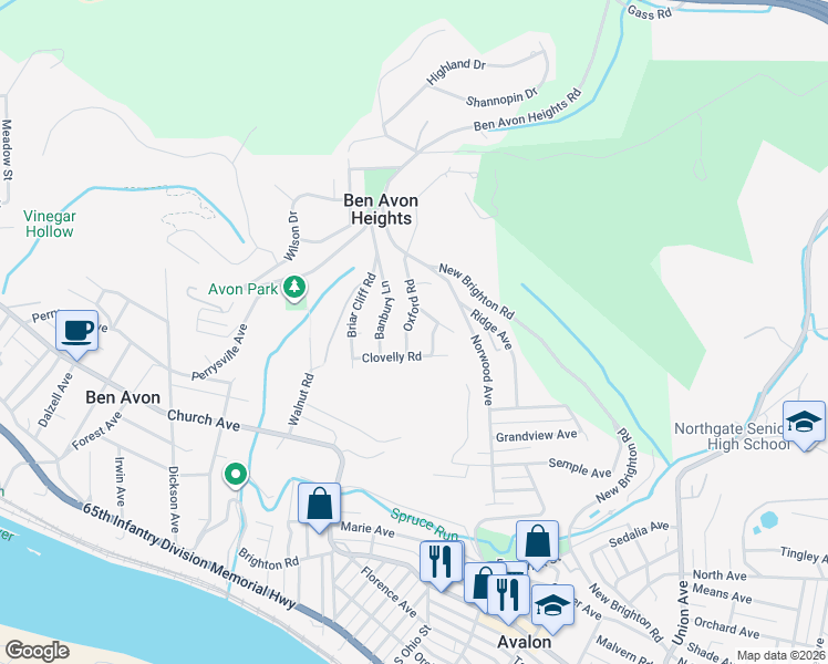 map of restaurants, bars, coffee shops, grocery stores, and more near 17 Oxford Road in Pittsburgh