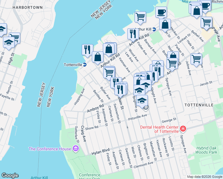 map of restaurants, bars, coffee shops, grocery stores, and more near 180 Main Street in Staten Island
