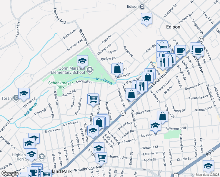 map of restaurants, bars, coffee shops, grocery stores, and more near 274 Suttons Lane in Edison