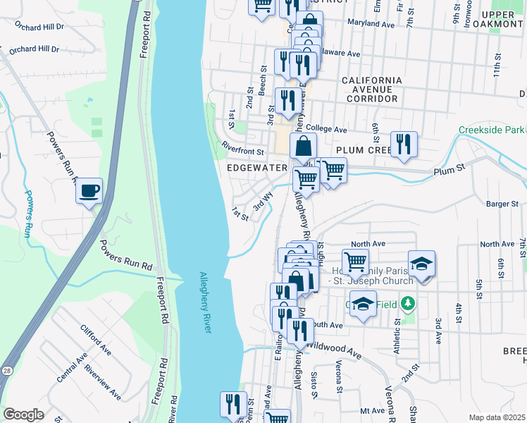map of restaurants, bars, coffee shops, grocery stores, and more near Greenwood Street in Oakmont