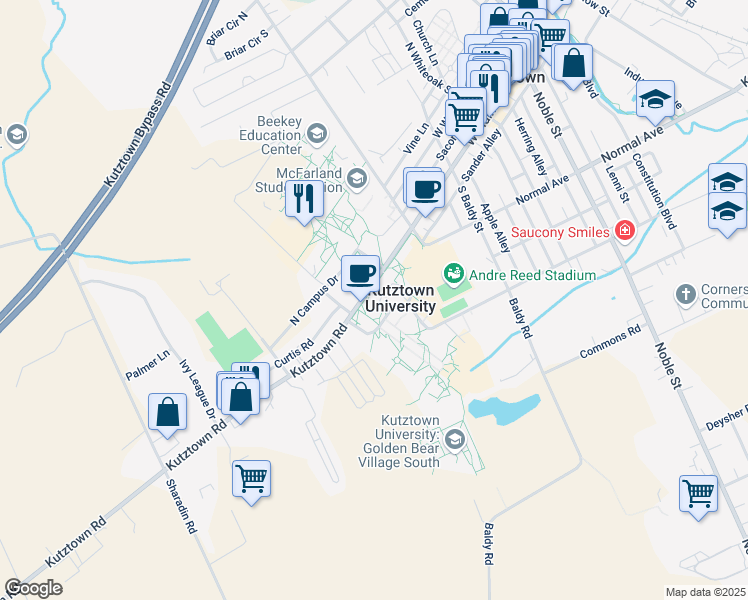 map of restaurants, bars, coffee shops, grocery stores, and more near 15200 Kutztown Road in Kutztown