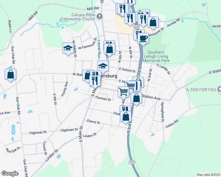 map of restaurants, bars, coffee shops, grocery stores, and more near in Coopersburg