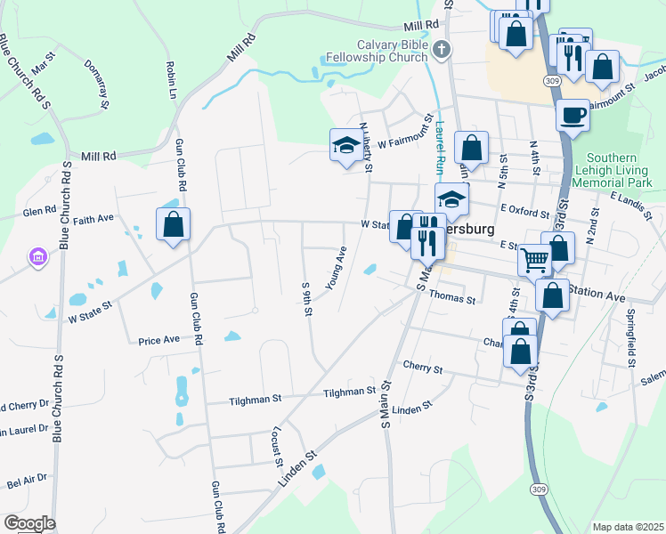 map of restaurants, bars, coffee shops, grocery stores, and more near 123 Young Avenue in Coopersburg