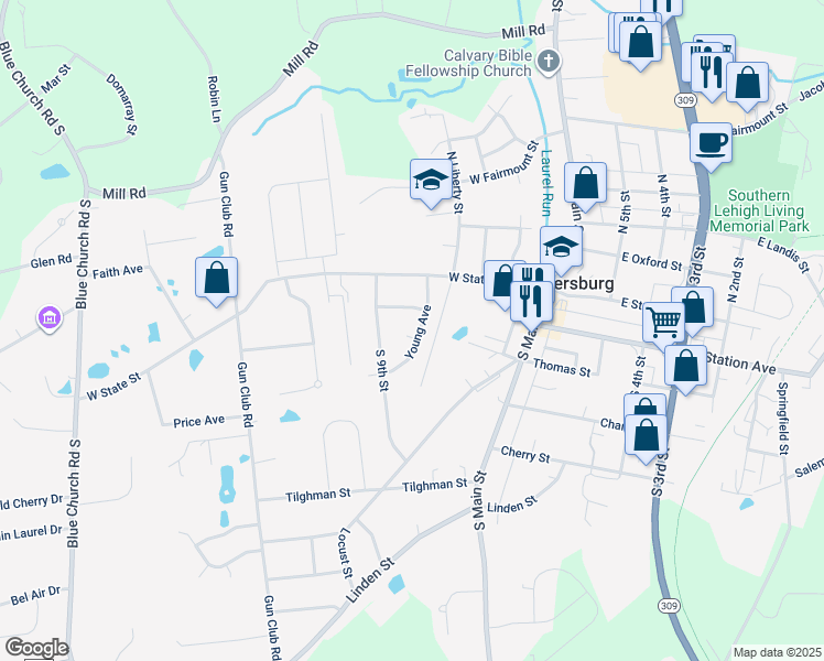 map of restaurants, bars, coffee shops, grocery stores, and more near 123 Young Avenue in Coopersburg