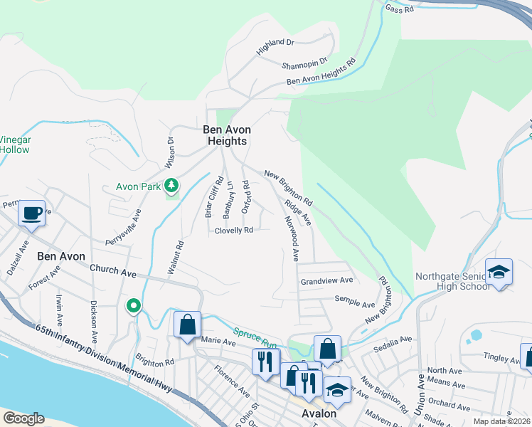 map of restaurants, bars, coffee shops, grocery stores, and more near 1 Stratford Road in Pittsburgh