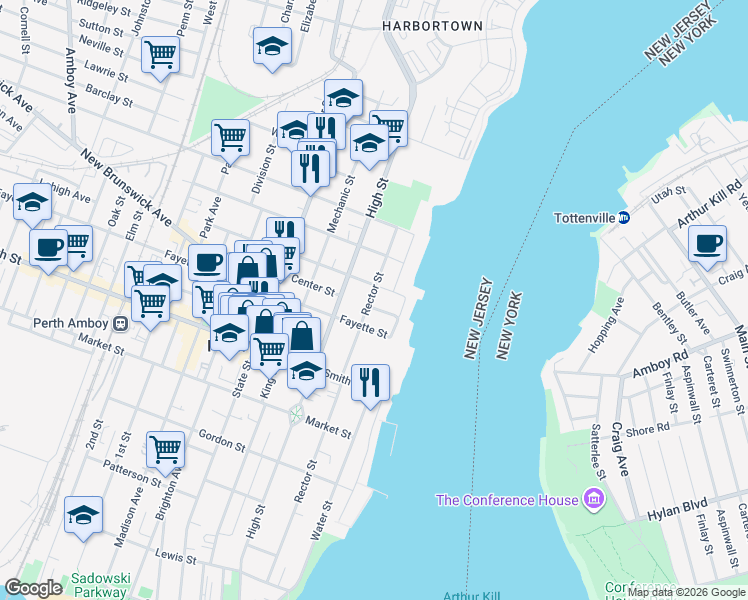 map of restaurants, bars, coffee shops, grocery stores, and more near 368 Rector Street in Perth Amboy