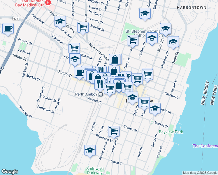 map of restaurants, bars, coffee shops, grocery stores, and more near 231-237 Jefferson Street in Perth Amboy