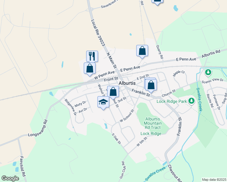 map of restaurants, bars, coffee shops, grocery stores, and more near 29 West 2nd Street in Alburtis
