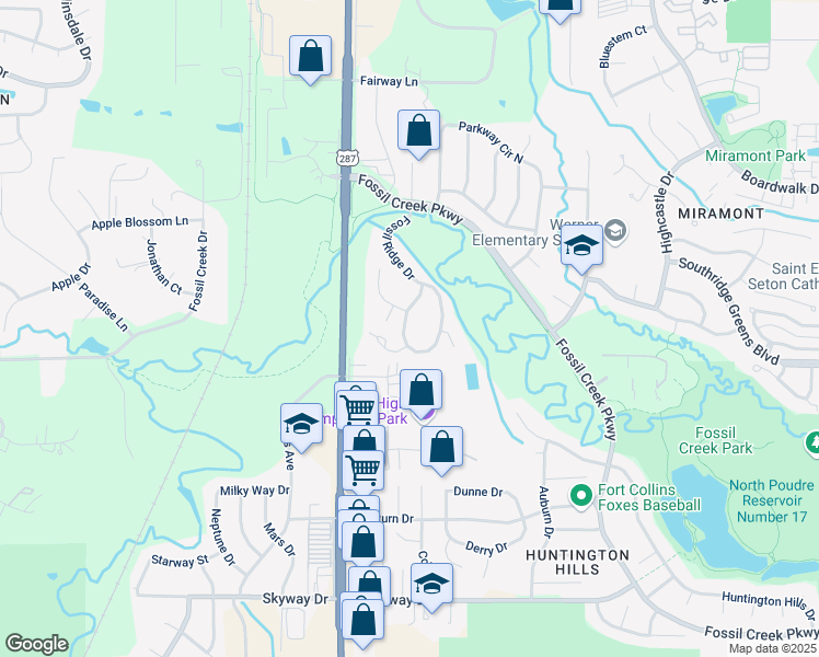 map of restaurants, bars, coffee shops, grocery stores, and more near 5538 Fossil Ridge Drive West in Fort Collins
