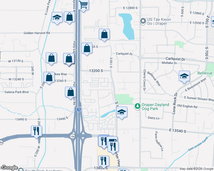 map of restaurants, bars, coffee shops, grocery stores, and more near 13231 South 150 East in Draper