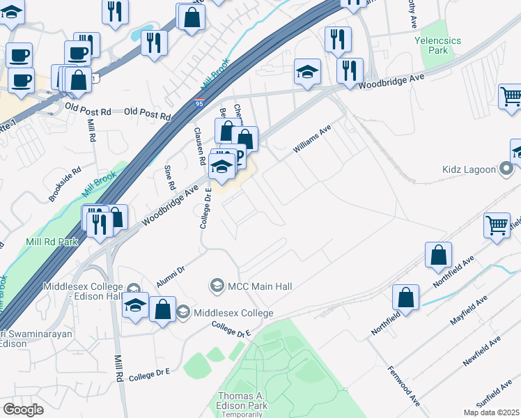 map of restaurants, bars, coffee shops, grocery stores, and more near 16 Vincent Behan Boulevard in Edison