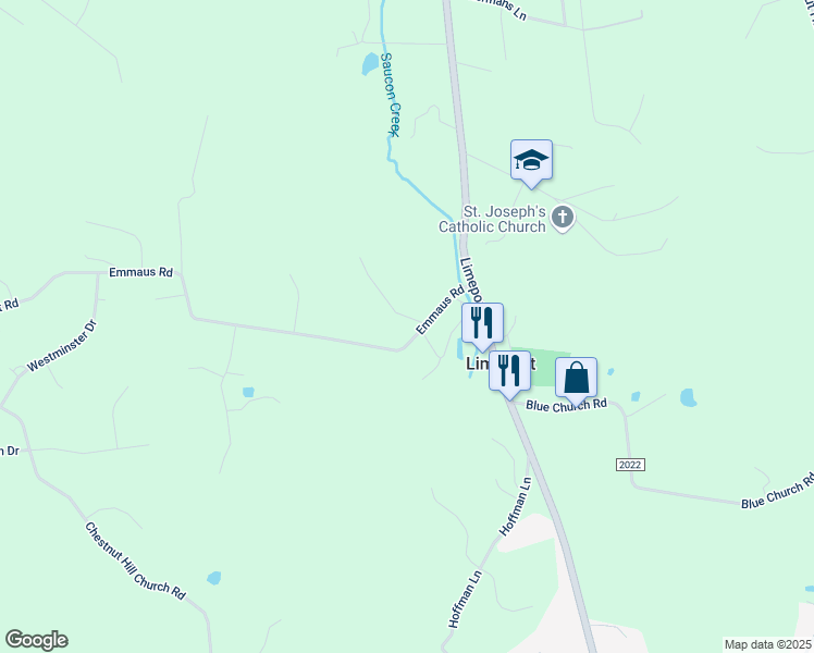 map of restaurants, bars, coffee shops, grocery stores, and more near 5940 Emmaus Road in Emmaus