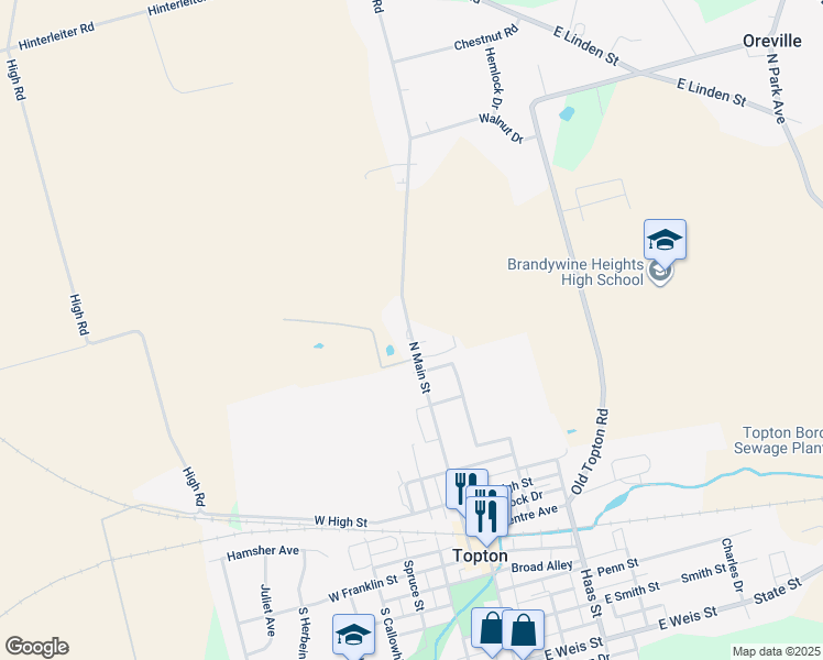 map of restaurants, bars, coffee shops, grocery stores, and more near 525 North Main Street in Topton