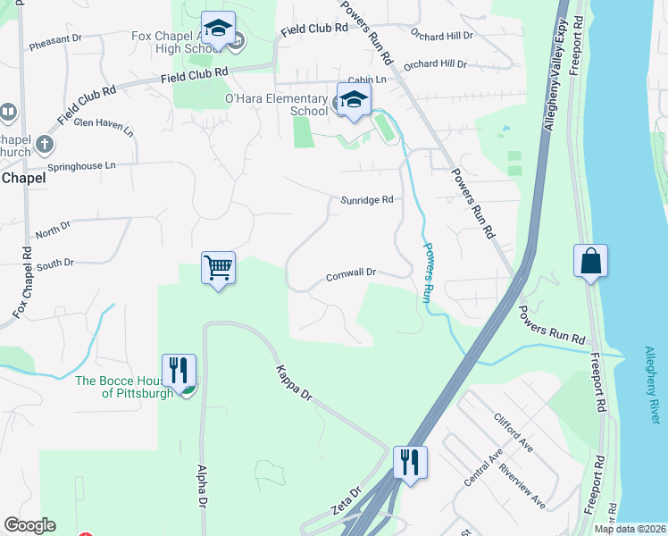 map of restaurants, bars, coffee shops, grocery stores, and more near 232 Cornwall Drive in Pittsburgh