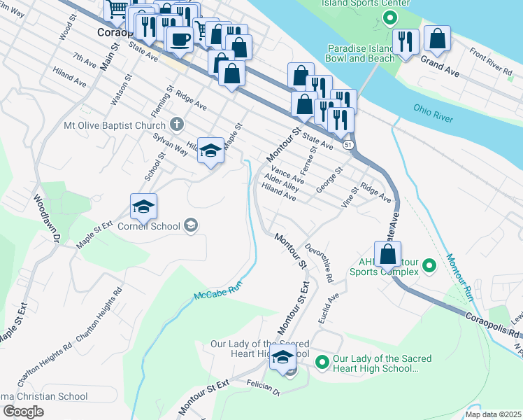 map of restaurants, bars, coffee shops, grocery stores, and more near 1013 Montour Street Extension in Coraopolis