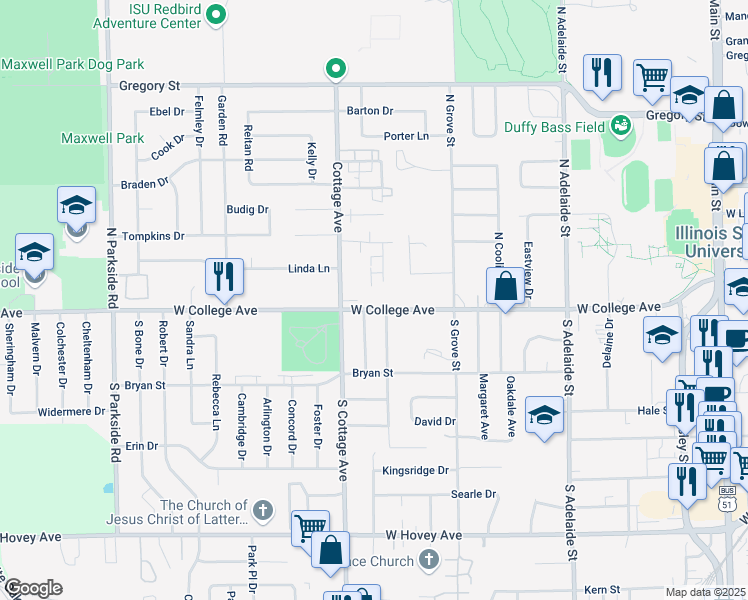 map of restaurants, bars, coffee shops, grocery stores, and more near 103 College Park Court in Normal