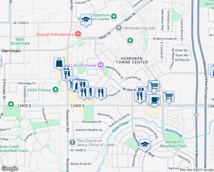 map of restaurants, bars, coffee shops, grocery stores, and more near 5352 Fallowfield Lane in Herriman