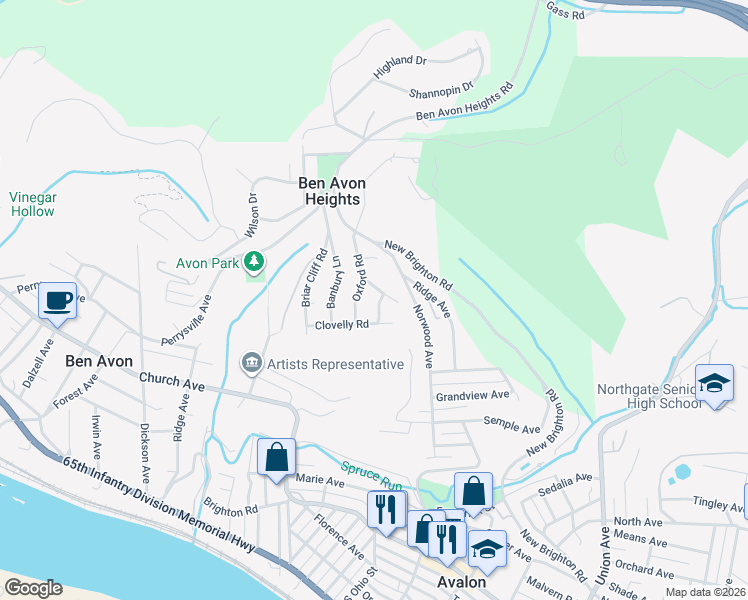 map of restaurants, bars, coffee shops, grocery stores, and more near 17 Oxford Road in Pittsburgh