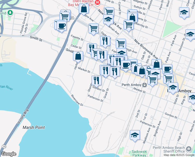 map of restaurants, bars, coffee shops, grocery stores, and more near 237 Sherman Street in Perth Amboy