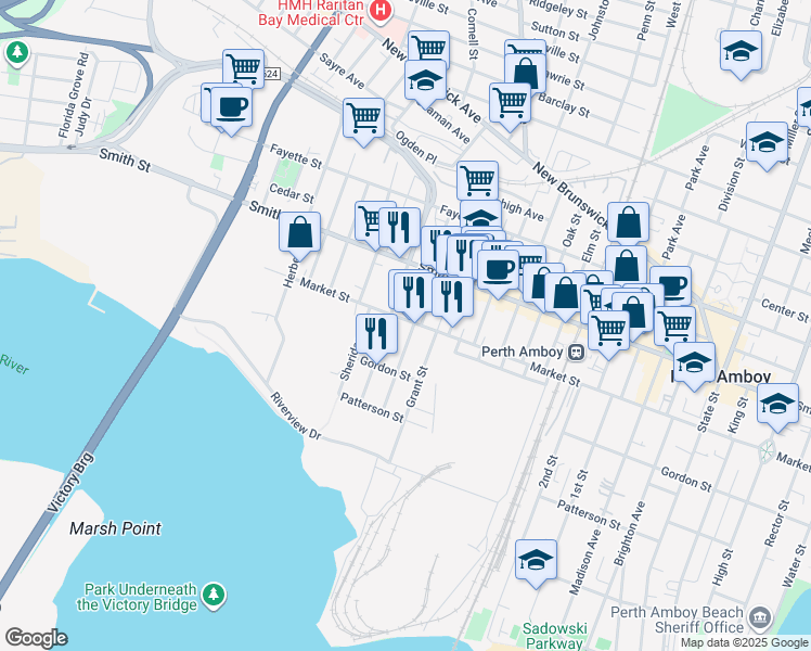 map of restaurants, bars, coffee shops, grocery stores, and more near 385 Market Street in Perth Amboy